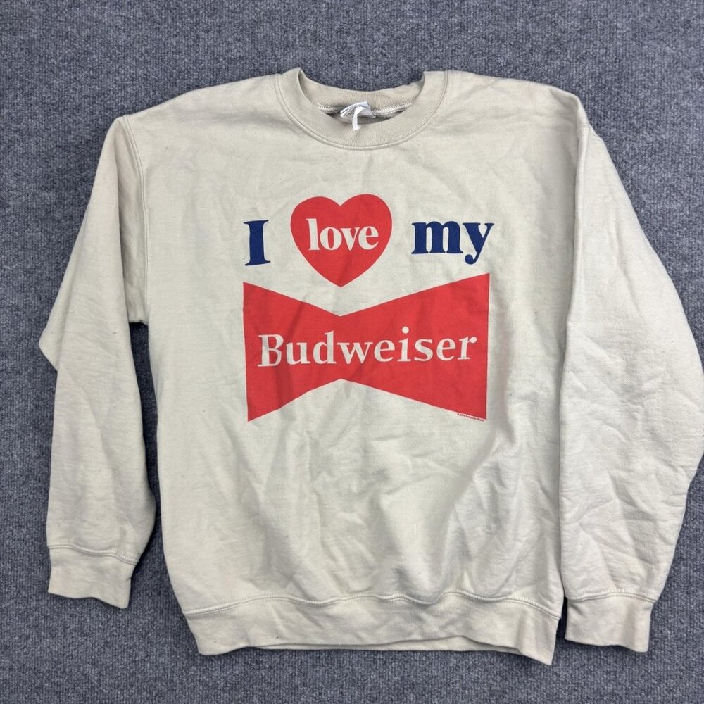 Budweiser Sweatshirt Mens Small‎ Beige Crewneck Graphic I Love My Beer Junk Food